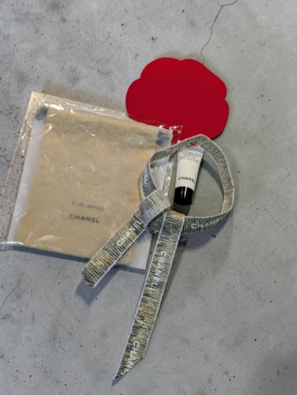 New! CHANEL Bundle: Hand Cream, Holiday Ribbon, Sublimage Gold Pouch & Camelia